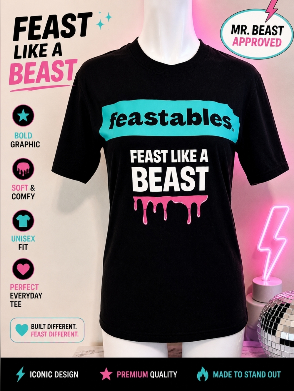 Mr Beast Feastables Graphic Tee Black Streetwear Hype Shirt “Feast Like A Beast”